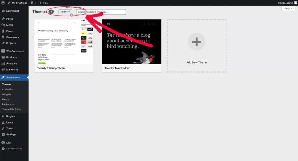 Click Add New to install Divi theme
