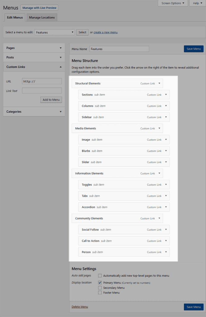 Create the menu to build the mega menu